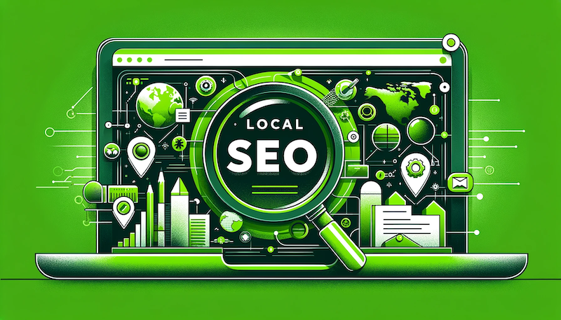 an image depicing local seo. using a laptop and a magnifying glass with location markers