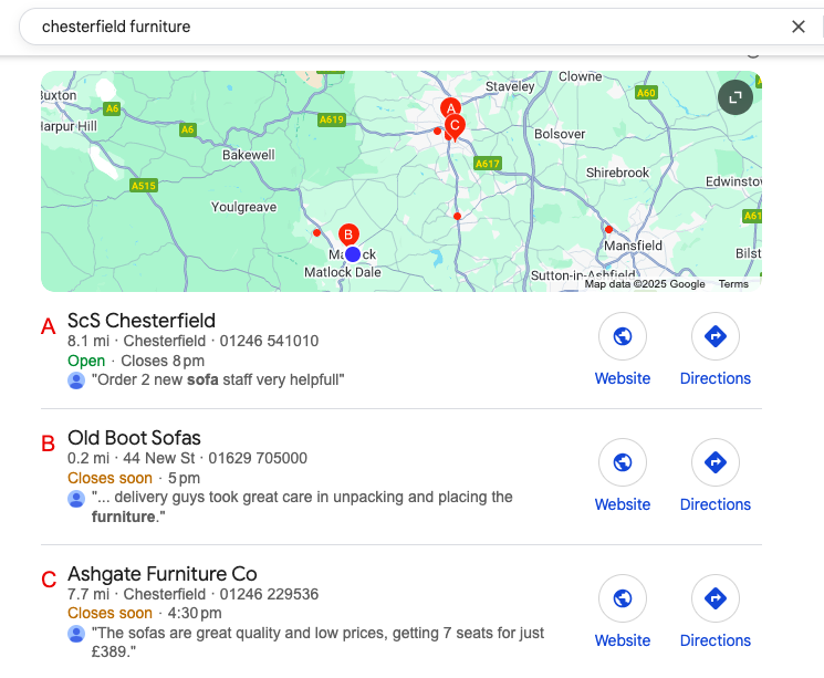 The Map Pack is related to Google My Business Chesterfield Furniture SEO